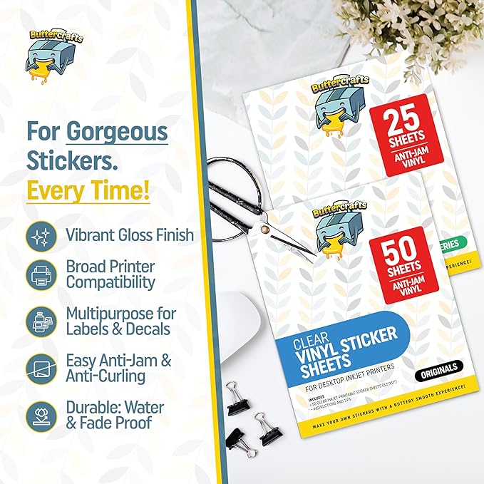 Clear Printable Vinyl for Inkjet Printer (Clear Sticker Paper | Waterproof | 50 Sheets) - Transparent Inkjet Printable Vinyl Sticker Paper Avoid Jams for Printers | Transparent Sticker Paper