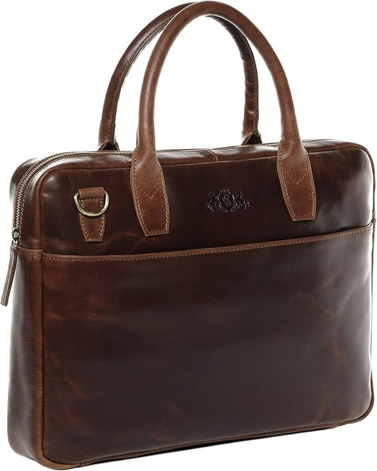SID & VAIN laptop bag BOSTON Large business office work bag laptop case real leather briefcase leather bag Unisex brown