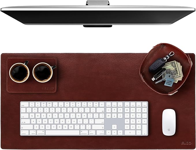 Elizo Leather Desk Mat Desk Pad Blotter Set - Real Full-Grain Leather (32x16) 2-Layer Genuine Desk Cover Protector & Large Mouse Pad | Computer Keyboard Desk Accessories for Office & Home Chestnut