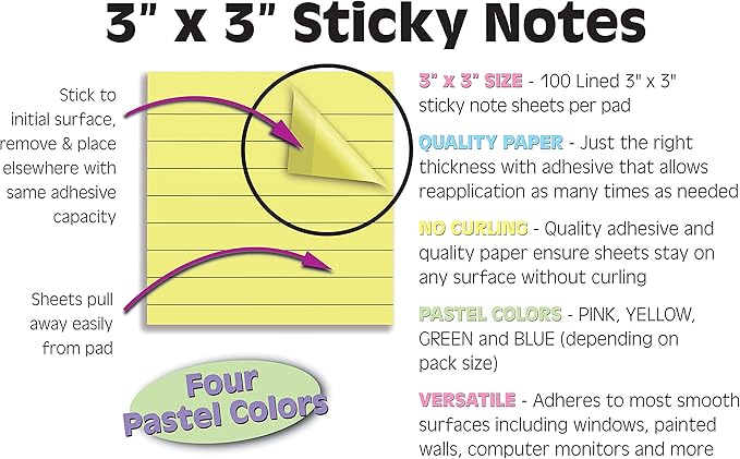 Lined Sticky Notes 3 x 3, 10 Pack, 1,000 Sheets (100/Pad), Self Stick Notes with Lines, Assorted Pastel Colors, by Better Office Products, Post Memos, Strong Adhesive, 10 Pads