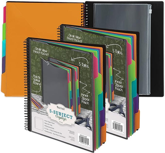 Samsill 10 Pocket Spiral Project Folder Organizer with 5 Dividers, Zipper Pouch, Customizable Front Cover, Erasable Write On Tabs in Fashion Colors, Plastic Folders with Pockets, 2 Pack