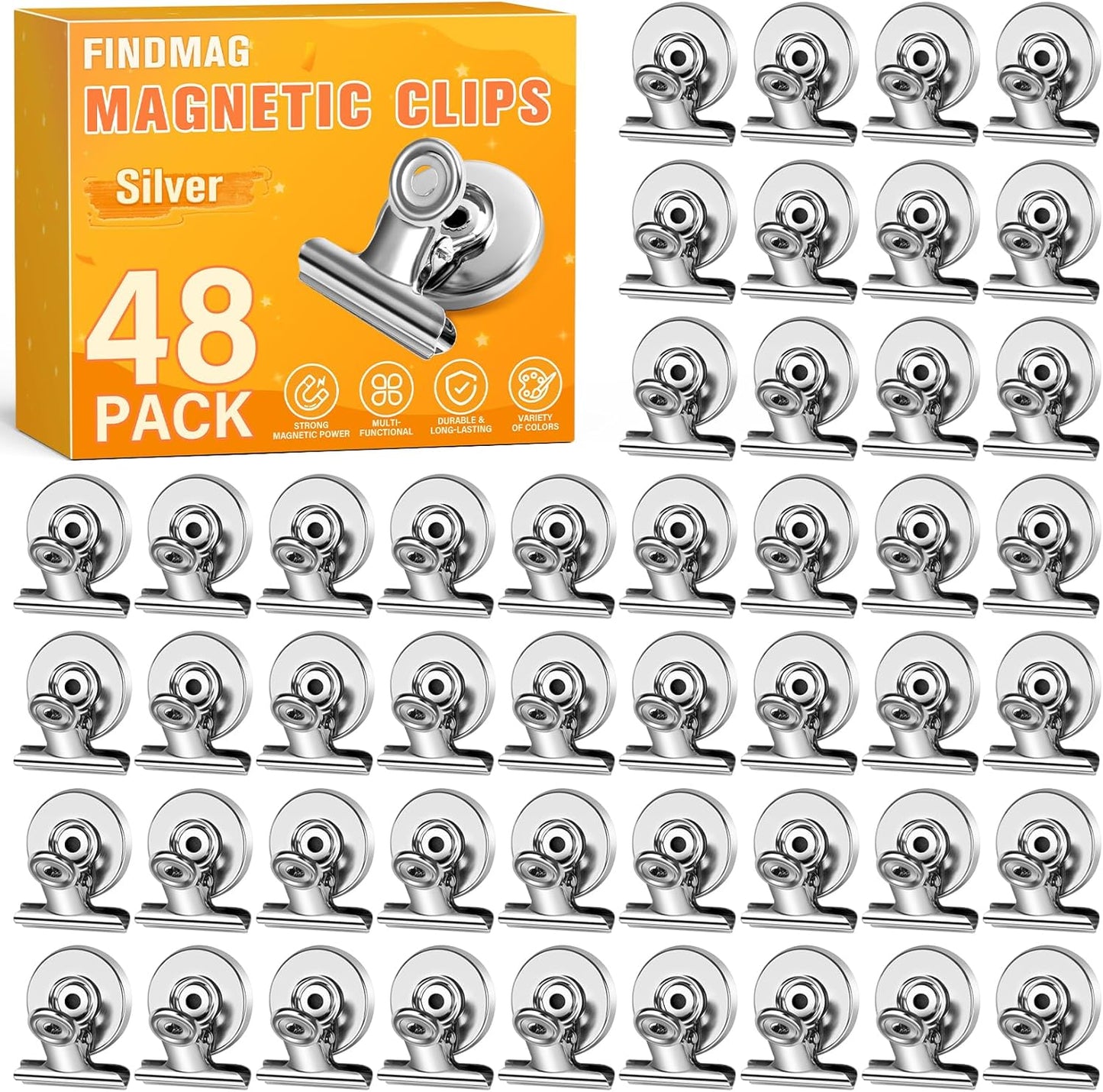 FINDMAG 48 Pack Magnetic Clips for Photo and Picture Display, Strong Scratch-Free Fridge Magnets, Heavy Duty Metal Clips for Picture Hanging, Kitchen, Office, Whiteboard, Silver.