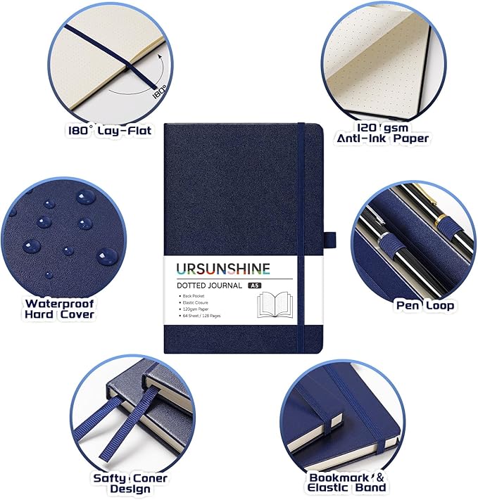 Dotted Journal/Notebook - Dot Grid Hard Cover Notebook, Premium Thick Paper with Fine Inner Pocket, Black Smooth Faux Leather, Pen Loop, 5.3'' x 8.26'' - Dark Blue