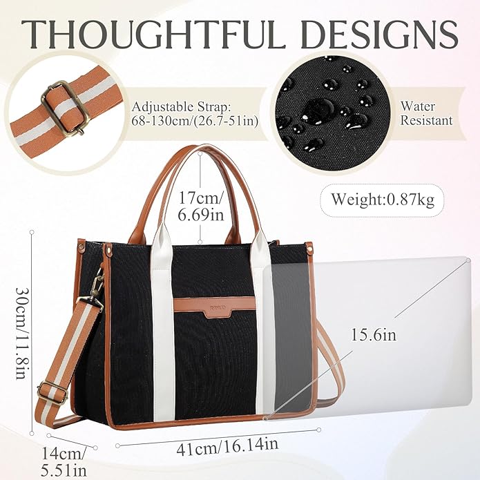 RAVUO Laptop Tote Bag Women, Water Resistant 15.6 Inch Large Canvas Handbag Business Briefcase With Detachable Shoulder Strap