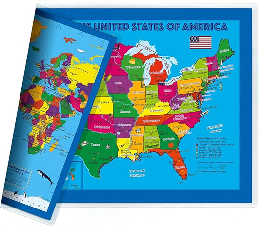 2-Sided Desk Map with Durable Lamination (1 Desk Map: Children's US Map/US Centered World Map)