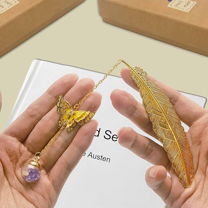 Metal Feather Bookmarks Set - Perfect Teacher & Book Lover Gifts for Birthday, Christmas, and Appreciation - Elegant Stocking Stuffers for Women and Girls (Golden.Purple White Flower)