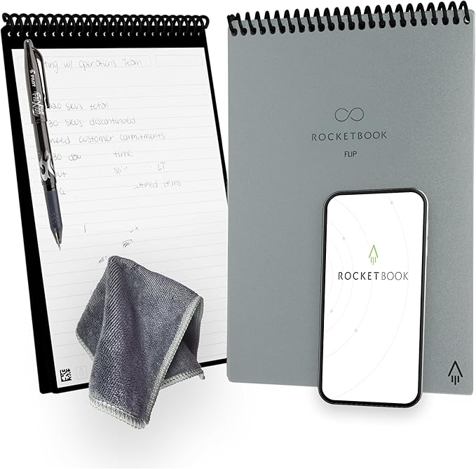Rocketbook Flip - with 1 Pilot Frixion Pen & 1 Microfiber Cloth Included - Gray Cover, Letter Size (8.5" x 11")