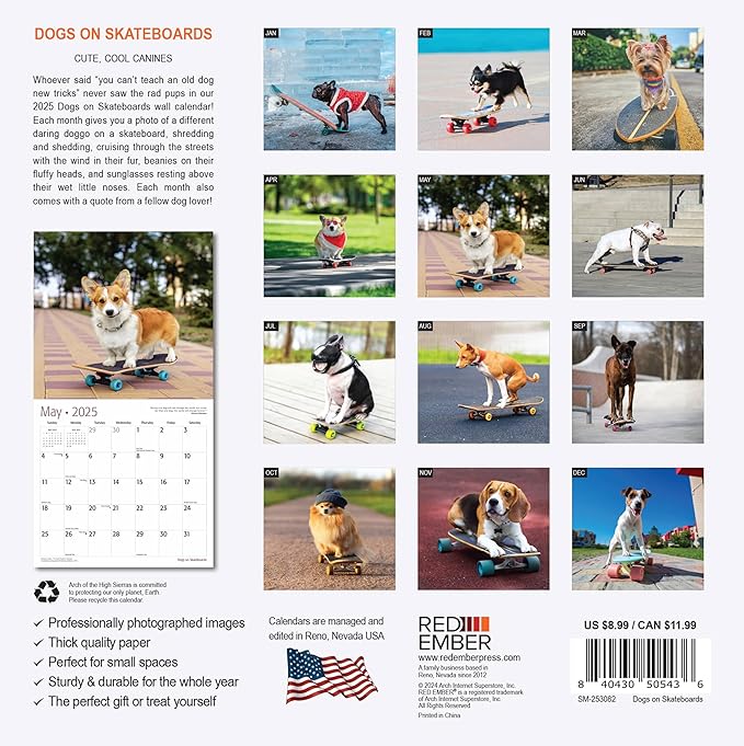 RED EMBER Dogs on Skateboards Mini 2025 Wall Calendar 12 Month | 7" x 14" Open | Thick & Sturdy Paper | Giftable | Calendar 2025