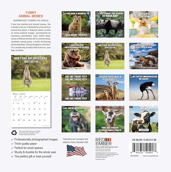 RED EMBER Funny Animal Memes Mini 2025 Wall Calendar 12 Month | 7" x 14" Open | Thick & Sturdy Paper | Giftable | Calendar 2025