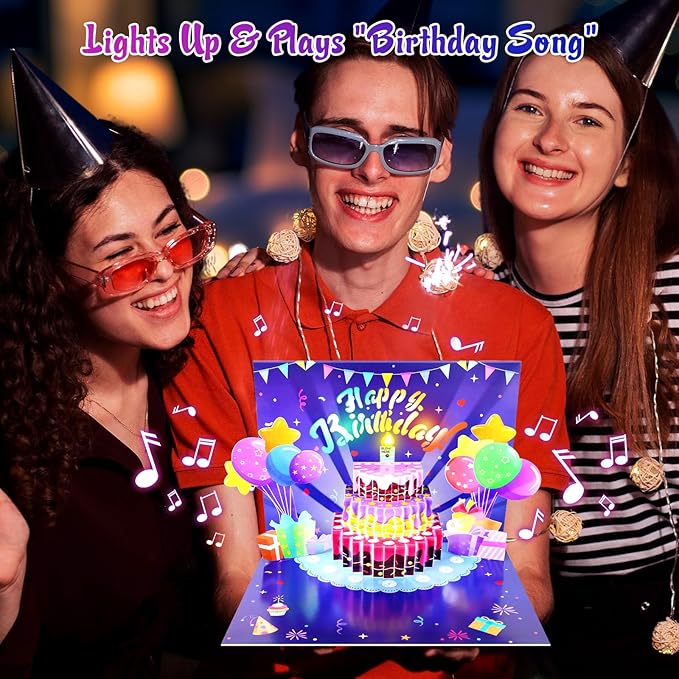Birthday Cards, Musical Pop Up Birthday Cards with Light, Blow Out LED Light Candle and Play Happy Birthday Music Pop Up Card, Birthday Gifts for Women Men Husband Wife Kids Greeting Cards