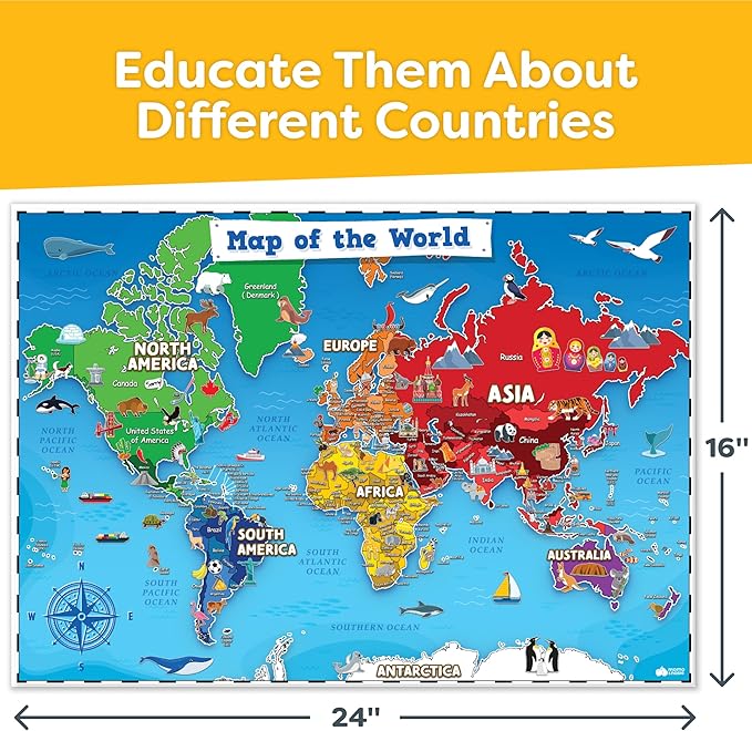 Momo & Nashi United States & World Map Poster for Kids - 2 Pc - 24 x 16 Inch Waterproof USA & Map of the World Poster - for Wall Posters for Learning, Classroom, Education, Back to School Resources