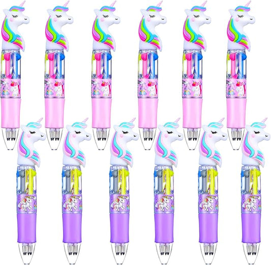 Chinco 12 Pieces Retractable Unicorn Pens 4-in-1 Multicolor Ballpoint Pen Unicorn Candy Party Favor Colored Ink Mini Party Favors for Girls Kids Classroom Prizes Birthday Gifts(Unicorn Style)