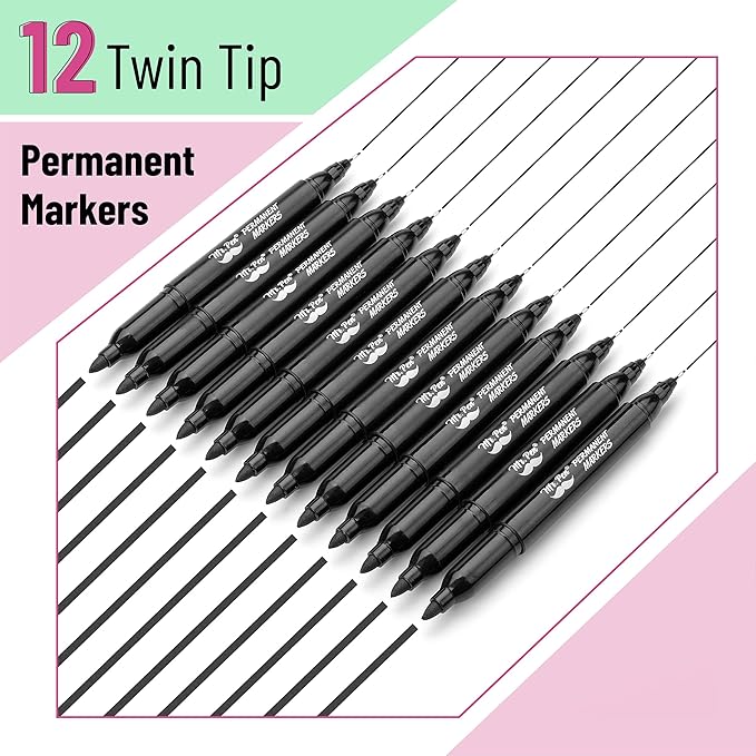 Mr. Pen - Dual Tip Permanent Markers, 12 Pack, Black, Fine & Ultra Fine Point