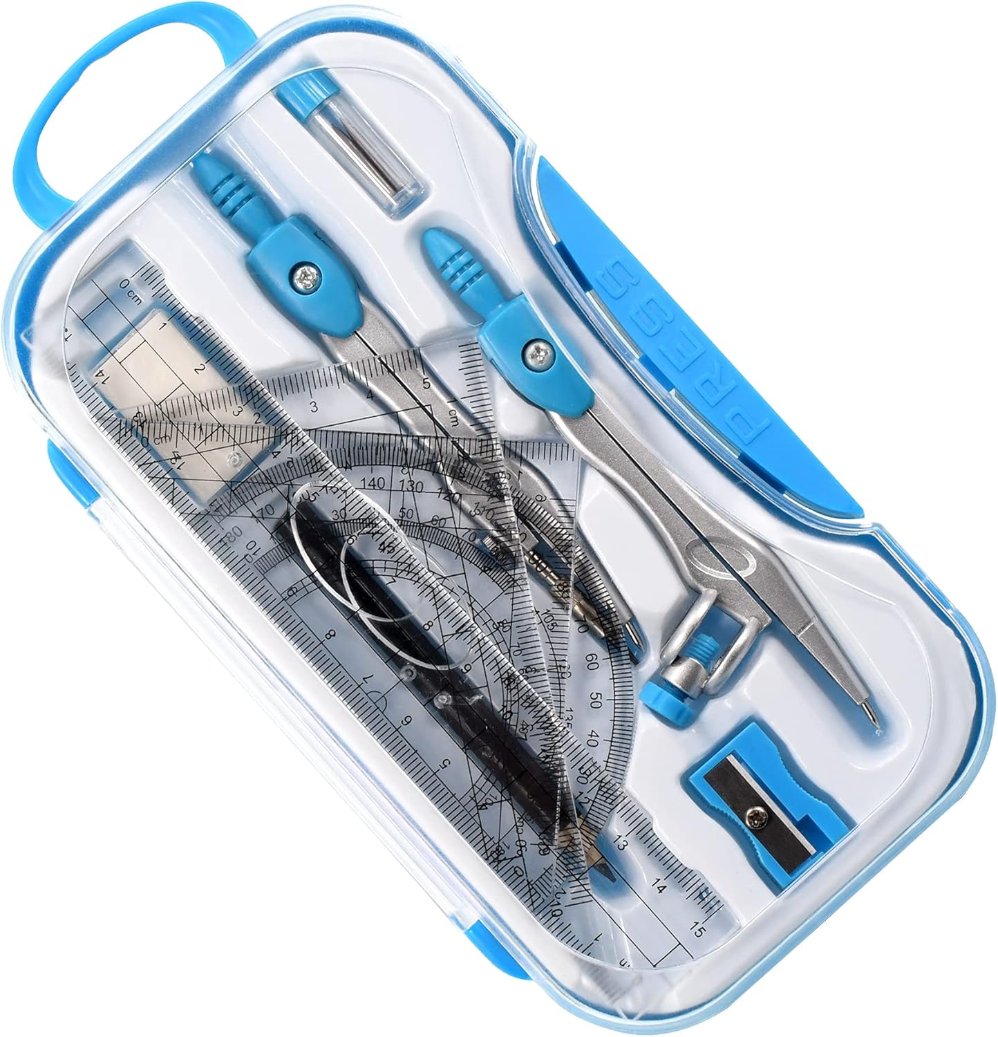 Math Geometry Kit Sets 10 Piece Student Supplies with Shatterproof Storage Box,Includes Rulers,Protractor,Compass,Eraser,Pencil Sharpener,Lead Refills,Pencil,for Drafting and Drawings（Blue）