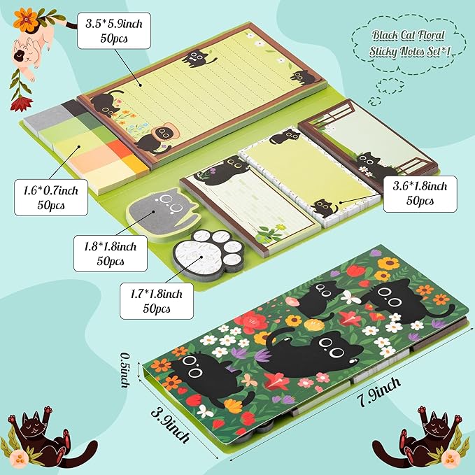 B1ykin Sticky Notes Set - Cartoon Theme Cute Self-Stick Notes Pad Teacher Appreciation Gifts， Self-Adhesive Writing Memo Pages Sticky to Do Notepad for Kids Employee School Office (Black Cat Floral)