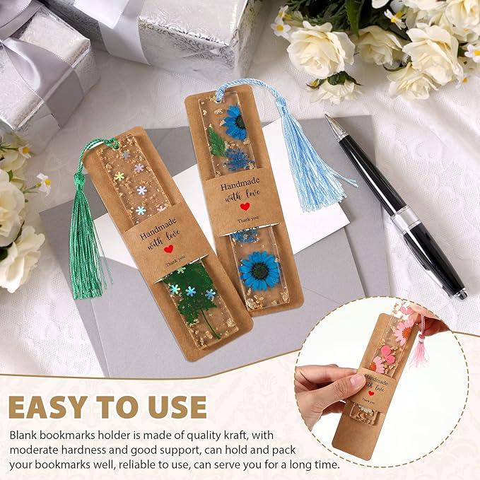 Fumete 50 Pieces Resin Bookmark Holder 5.9 x 1.8 Inches Kraft Bookmark Sleeves DIY Bookmarks Display Cards for Bookmark Wrapping Small Business Packaging Supplies Party Favor Gift (Brown, Warm)