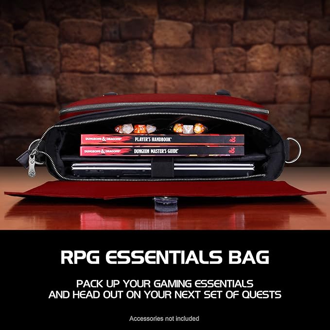 ENHANCE Collector's Edition RPG Player's Essentials DND Bag - Dragon Hide Exterior Messenger Bag Fits 2-4 Books, Binders, Dice & Accessories, with 17 inch Laptop Slot, Battlemap Straps (Dragon Red)