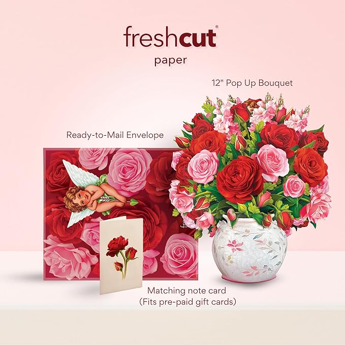 Freshcut Paper Pop Up Cards, Blooming Roses, 12 Inch Life Sized Forever Flower Bouquet 3D Popup Greeting Cards, Valentine's Day, Anniversary Card, Blank Notecard & Envelope