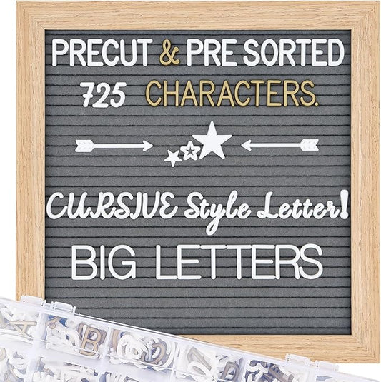 Grey Changeable Felt Letter Board with Letters, Pre Cut & Sorted 725 Letters, First Day of School Board, 10x10 Inch Message Board, Classroom Decor, Sign Board, Sign board
