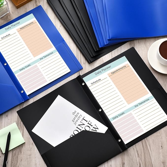 Cholemy 36 Pcs Plastic Pocket Folders with Prong 2 Heavy Duty Pockets Folders with 3 Prongs Letter Size Paper Folders Bulk File Plastic Folders with Fasteners for Office Workers (Black,Blue)