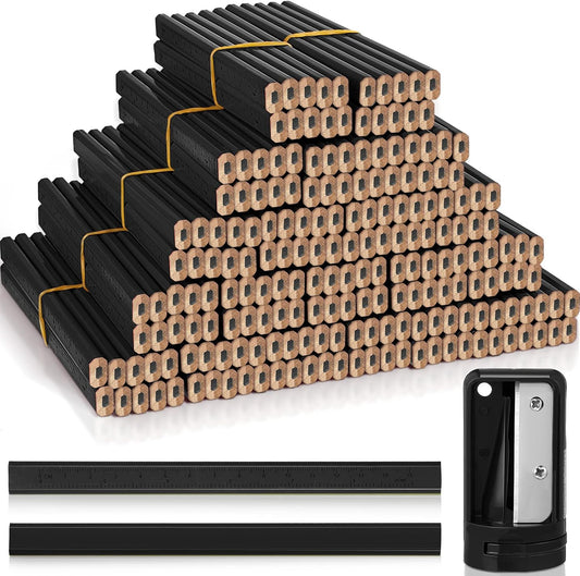 Honoson 200 Pcs Flat Construction Pencils with Printed Ruler Wood Graphite 2 Pcs Carpenter Pencil Sharpener for Woodworking Marking Tool(Black)