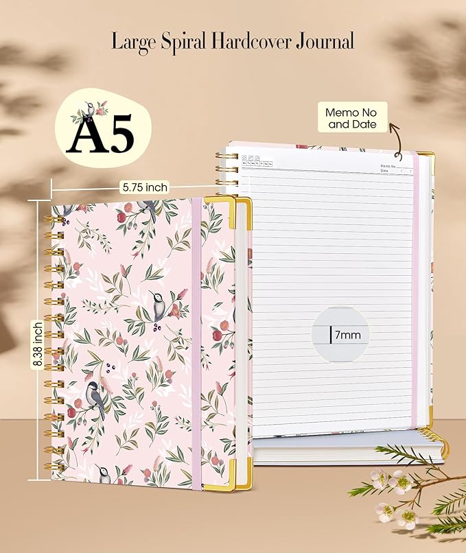 Cute Spiral Notebook Journal for Women, 160 Pages Lined Notebooks 5.75” x 8.38”, A5 Hardcover Spiral Journals with 100 GSM Thick Paper, College Ruled Notebook for Writing Work School, Woodland Floral