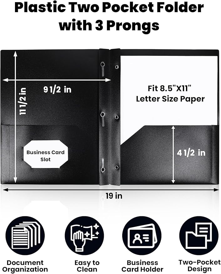 SUNEE 2 Pocket Folders with Prongs (3 Pack, Black) Plastic Folders with Pockets and Prongs Fit Letter Size, Poly Folders with Pockets for School Office Home Business