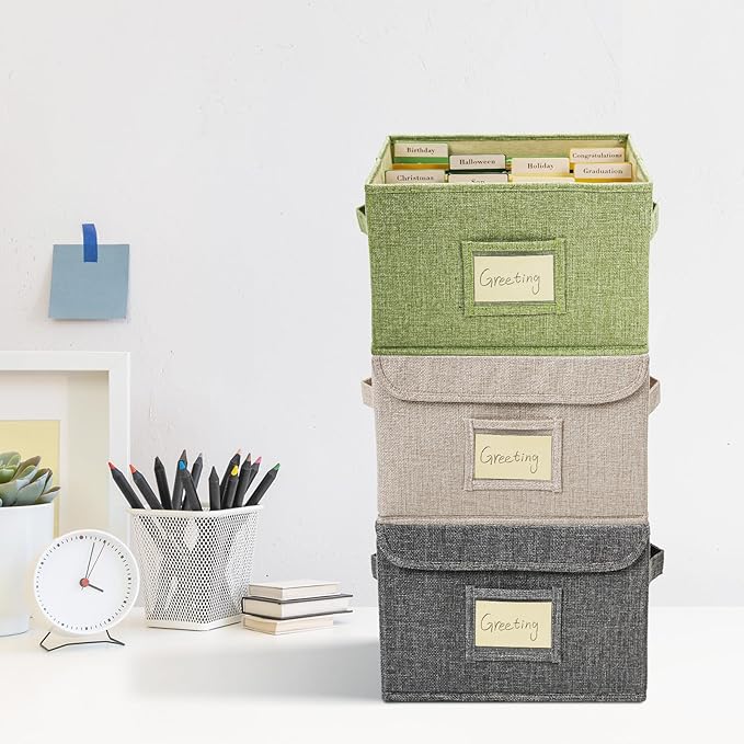 Vienrose Greeting Card Organizer Storage Box with 20 Removable Dividers, 84 Self-stick Labels, Perfect for Photos, Envelopes, Scrapbooking, Paper, Stickers Holder 1 Pack Grey