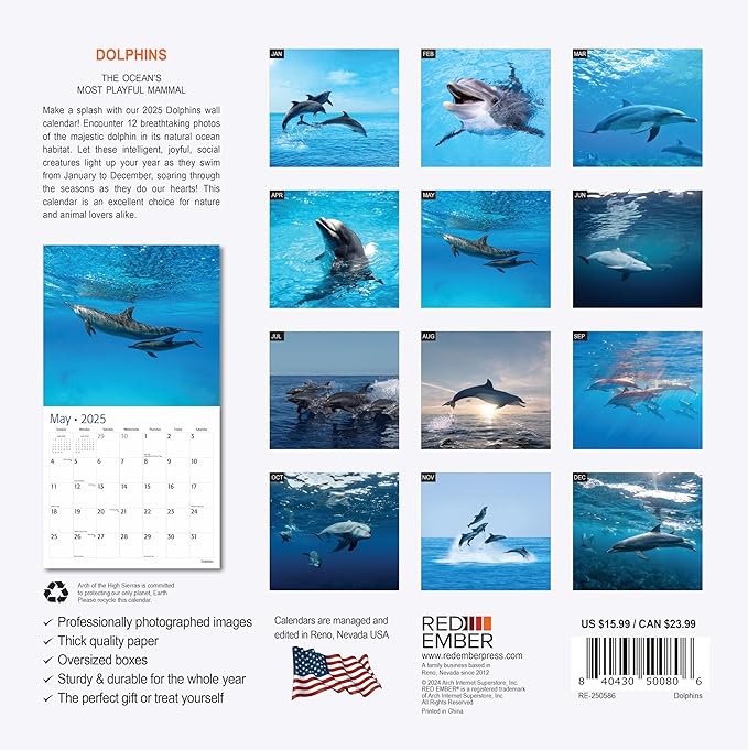 RED EMBER Dolphins 2025 Wall Calendar 12 Month | 12" x 24" Open | Thick & Sturdy Paper | Giftable | Calendar 2025