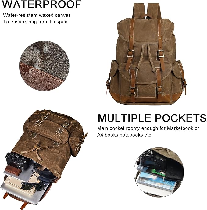 Backpack for Men Heavy Duty Waxed Canvas Vintage Women Trim Casual 15.6" laptop Travel Backpack-Brown