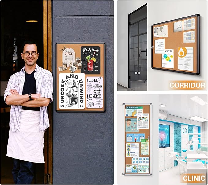 SWANCROWN Lockable Noticeboard Wall-Mounted Bulletin Cork Boards Tamper Proof Information Board Indoor,Black Frame,28x26 inch (6xA4)