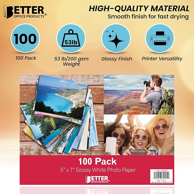 Better Office Products Premium Glossy Photo Paper, 5 x 7 inch, 100 Sheets, 200gsm, 5 x 7, 100-Count Pack