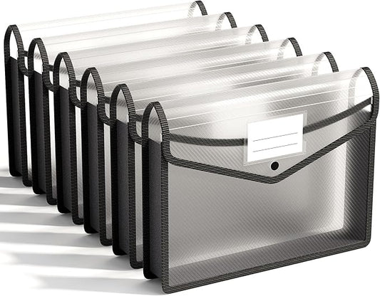 ABC life 6 Pack Plastic Expanding File Folder, Folders for Documents with Snap Closure, Black File Folder Organizer Holder, Transparent Accordion File Pouch,Large Capacity, Fit Letter/A4 Size