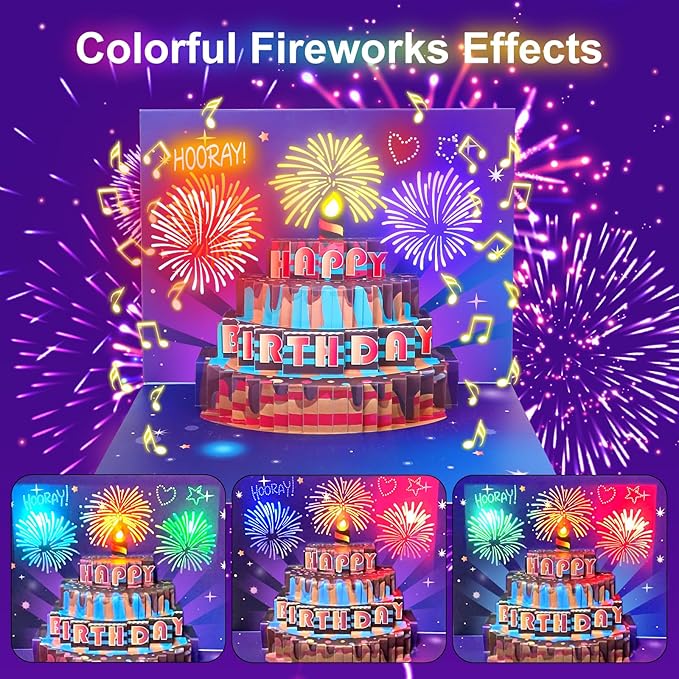 Musical Birthday Card, Pop up 3D LIGHTS & SOUND Firework Happy Birthday Decorations Greeting Cards for Women With Envelopes Purple