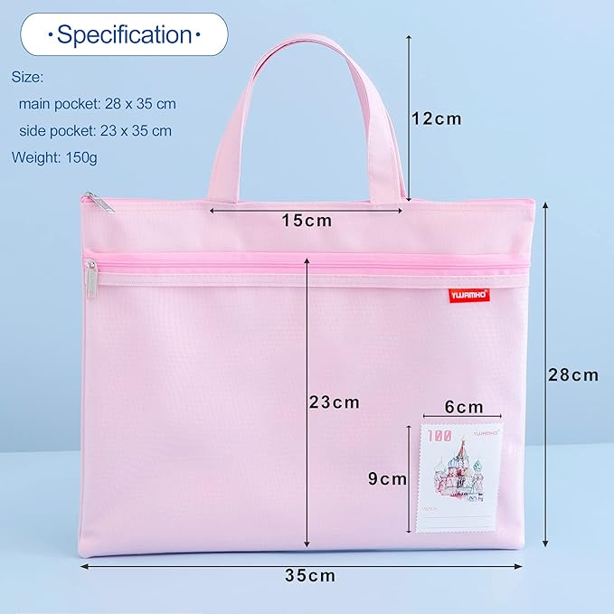 pendancy Mesh Zipper Pouch 11x13.7 in, Large Double Pocket Waterproof File Bag with Handle, A4 Size Foldable Document Storage for Puzzle Project/Cross Stitch/Travel/Office（Pink）