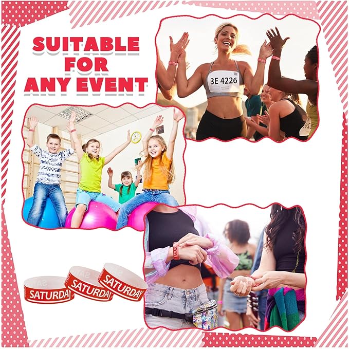 Henoyso 600 Pcs Saturday Paper Wristbands Event Wristbands Paper Bracelets Wristbands Numbered Waterproof Party Wristbands for Events Day of The Week(Red)