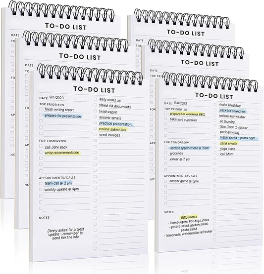 To Do List Notepad 6 Pack: Has Multiple Functional Sections - 5.2 x 8" 35 Sheets - Spiral Daily Planner Notebook - Task CheckList Organizer Agenda Pad for Work, Note and Todo Organization