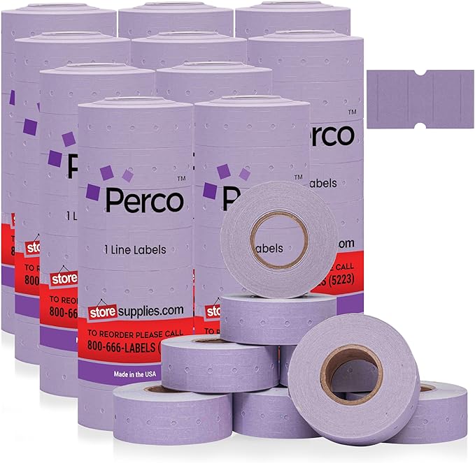 Perco 1 Line Lavender Labels - 80 Rolls, 10 Sleeves, 80,000 Blank Price and Date Gun Labels for Perco 1 Line Price and Date Guns - Made in USA
