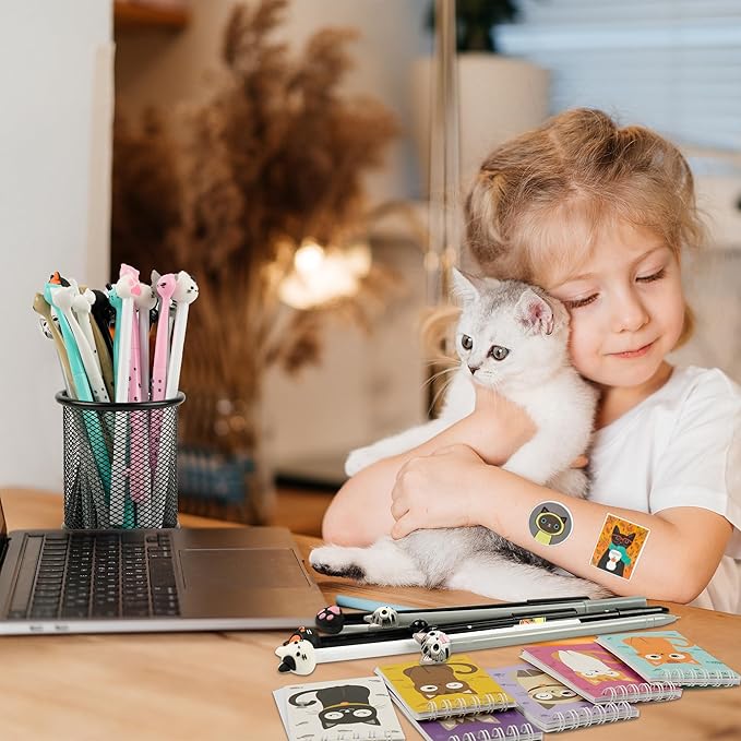 148 Pcs Cat Animal Party Favors Bulk Cat Mini Spiral Notepads Cat Pens Stickers Set for PET Birthday Party Classroom School Reward Gift Prizes Goodie Bags Stuffers