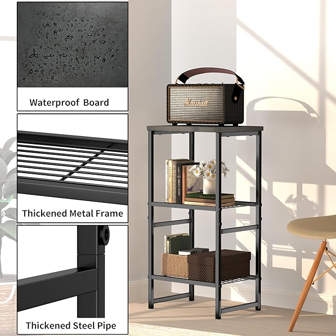 Printer Stand Holder 3 Tier - Heavy Duty Metal Shelving Unit for Under Desk Printer Storage Office Organizer, Industrial Printer Side Table with Wood Desktop for Scanner Fax Machine Black