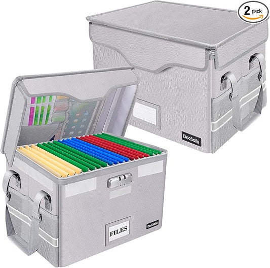 DocSafe File Box Fireproof Document Box with Lock,File Storage Organizer Box with Insert Pockets,Collapsible Portable Filing Box Home Office File Cabinet with Handle for Hanging Folder,Silver,2 Pack