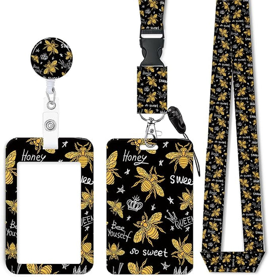 ID Badge Holder with Retractable Lanyard and Keychain, Badge Reel with Rotate Carabiner Clip,Honey Bee Card Name Tag Lanyard ID Protector Bage Clips for Student, Women, Office