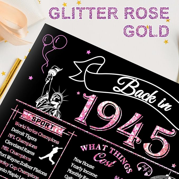 80th Birthday Card for Women, Jumbo 3D Pop Up 80th Birthday Gifts for Mom Grandma, Back In 1945 Happy 80 Year Old Sister Birthday Decorations Cards Card for Her, Rose Gold