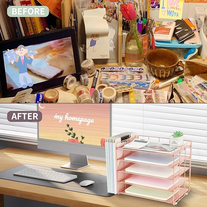 OPNCIE Desk Organizers and Accessories, 5 Tier Paper Letter Tray File Organizer, Office Organization Storage Desk Accessories Workspace Desktop Organizer for Classroom Office Supplies Decor(Rose)