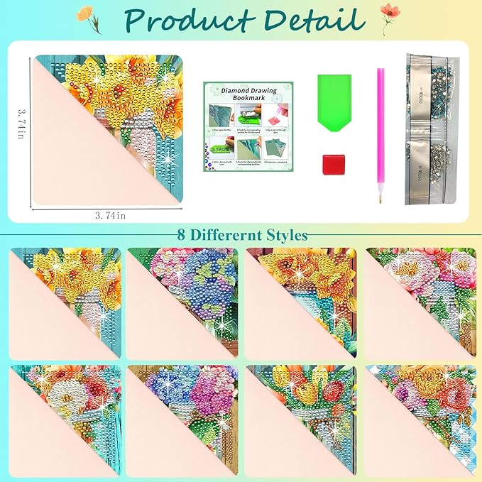 Diamond Art Painting Bookmarks,8Pcs DIY Cute Diamond Art Kits for Adults, Corner Bookmarks Small Crafts Kit for Women Book Lovers (Vase Flower)