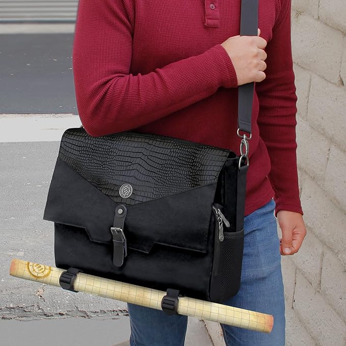 ENHANCE Collector's Edition RPG Player's Essentials DND Bag - Dragon Hide Exterior Messenger Bag Fits 2-4 Books, Binders, Dice & Accessories, with 17 inch Laptop Slot, Battlemap Straps (Dragon Black)