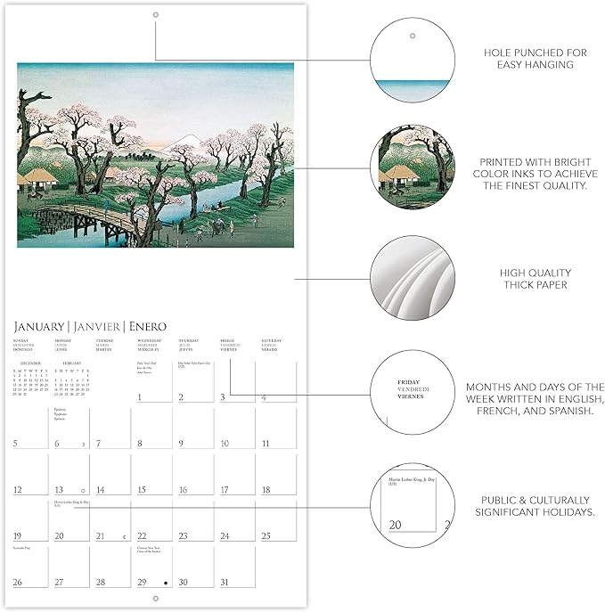 Graphique 2025 Japanese Art Collection Wall Calendar | 12” x 12” | Thick Paper | Home & Office Organizer | Large Monthly Grid | 3 Languages & Marked Holidays | 4 Month Preview Page for 2026