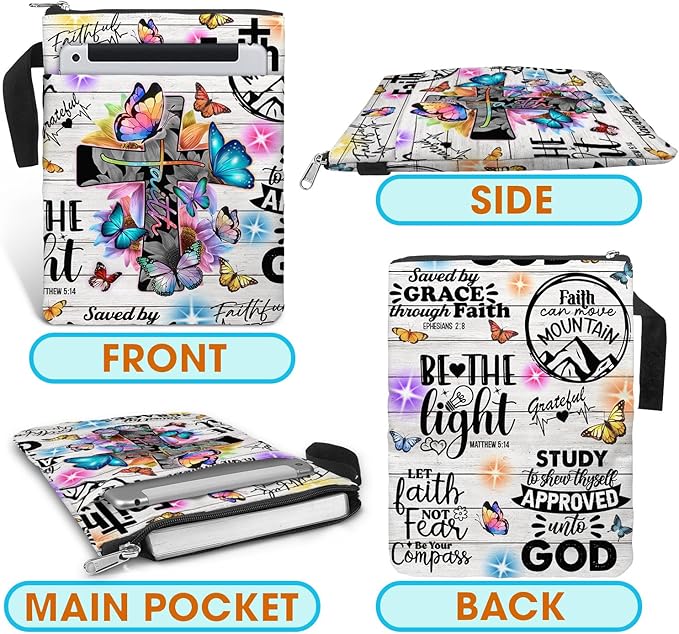 84hoods Book Sleeve With Zipper and Front Pocket. Christian Faith God Religious Gift. Bible Cover, Washable 11 X 8.5 Inch Padded. Gift for Book Lovers. Flowers and Butterflies.