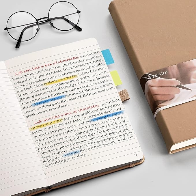 EMSHOI Lined Journaling Notebooks - 120gsm Thick Leather Journal with Sticky Notes, 256 Numbered Pages A5 Hardcover College Ruled Notebook for Women Men Work School Writing, 5.75" x 8.38"-Khaki