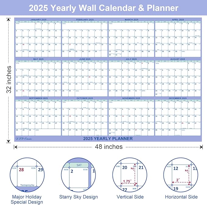 32" x 48" 2025 Wall Calendar, Folded Wet & Dry Erase Wall Calendar 12 Month, Annual Yearly Planner Yearly Laminated Calendar 2025 Horizontal/Vertical, with Julian Dates…